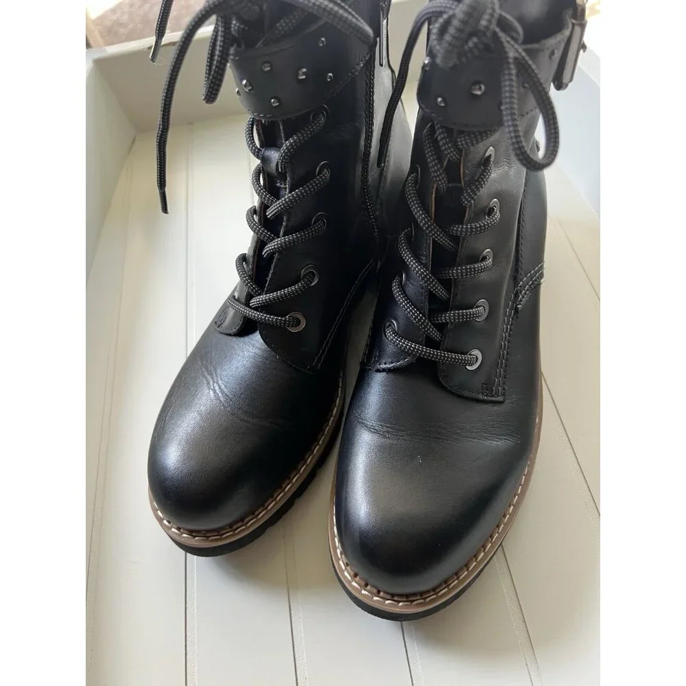 Pikolinos Black Leather Combat Boots Womens US 6 EU 37 Lace Up Side Zip - Picture 14 of 14